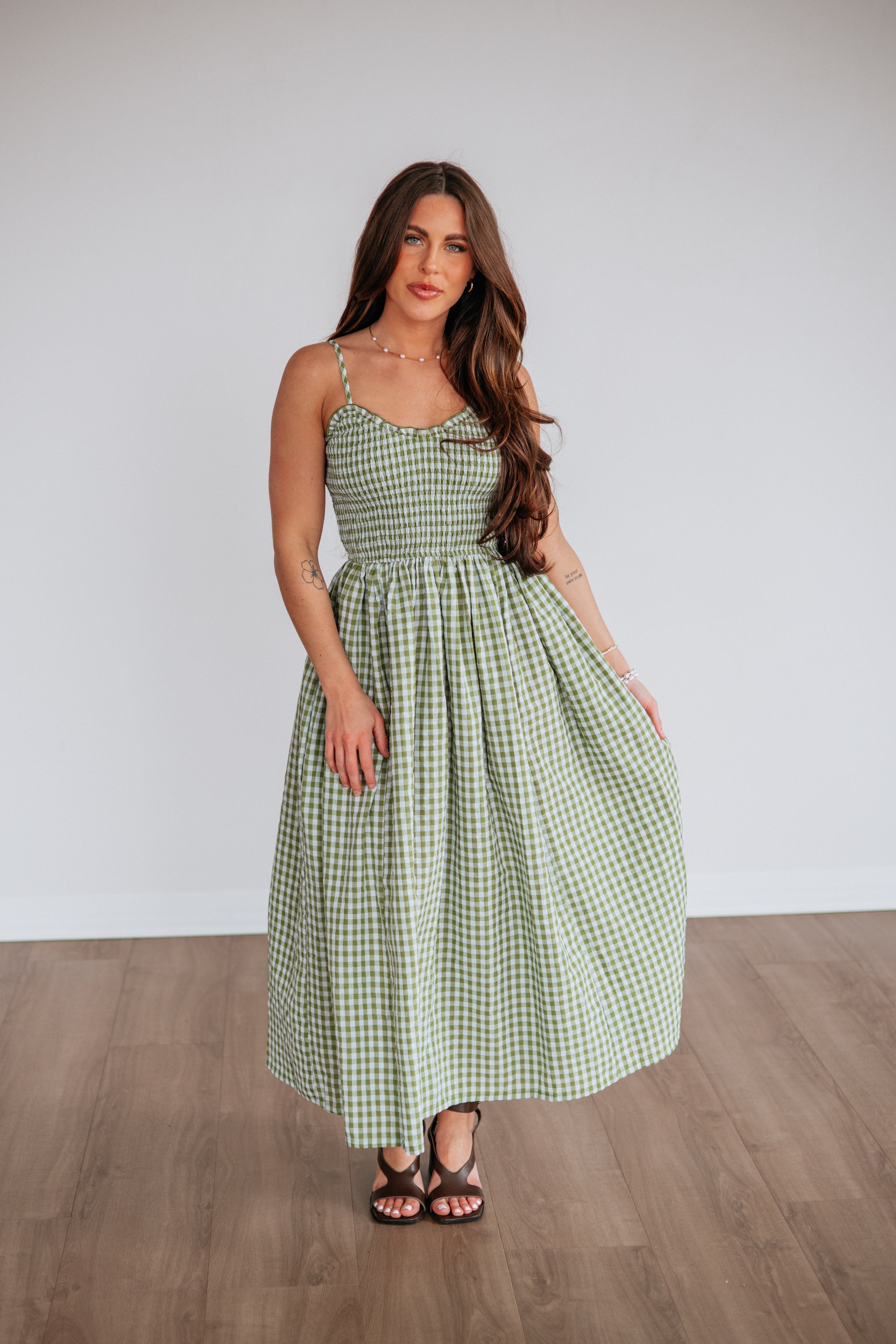 Krystina Gingham Dress - Light Olive